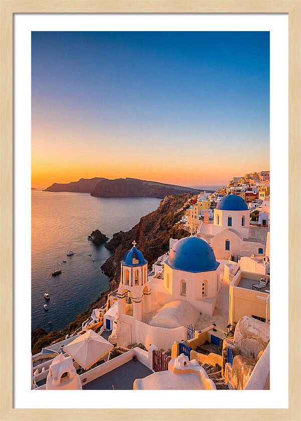 Santorini Blue Domes At Sunset