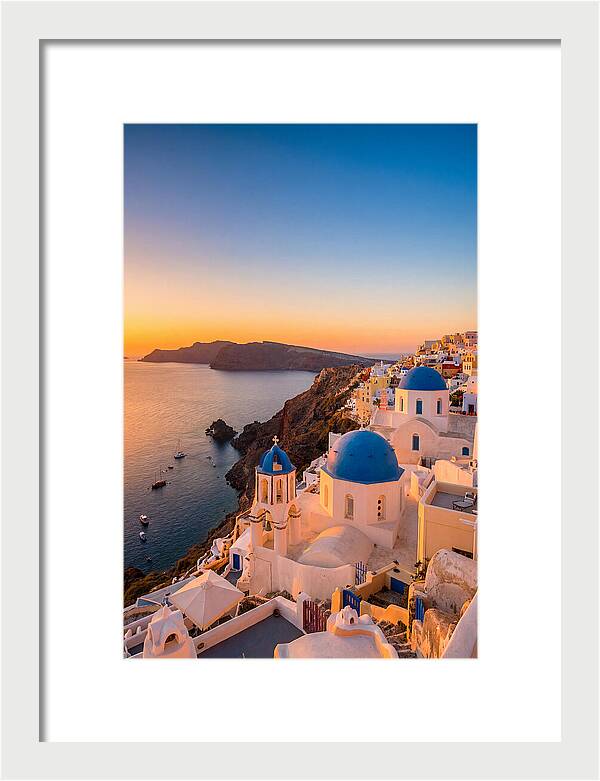 Santorini Blue Domes At Sunset