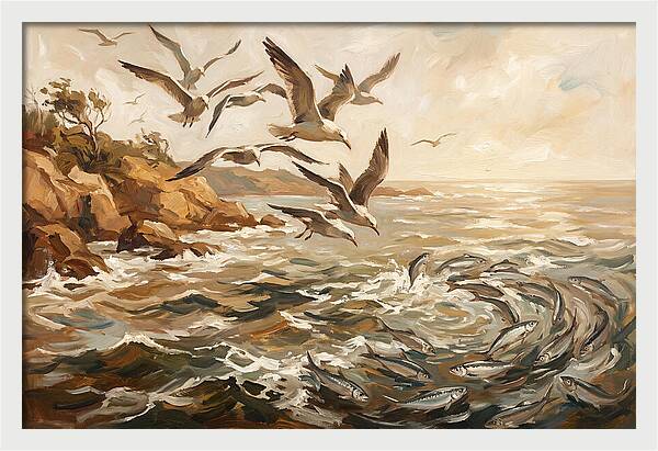 Seabirds Diving For Silver Fish