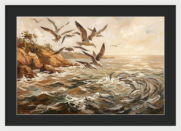 Seabirds Diving For Silver Fish