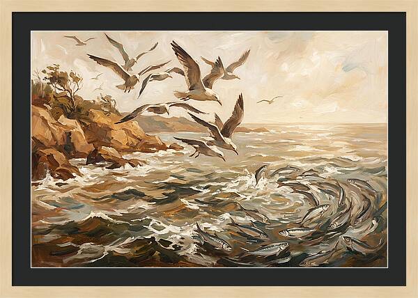 Seabirds Diving For Silver Fish