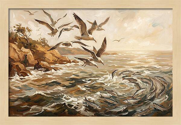 Seabirds Diving For Silver Fish