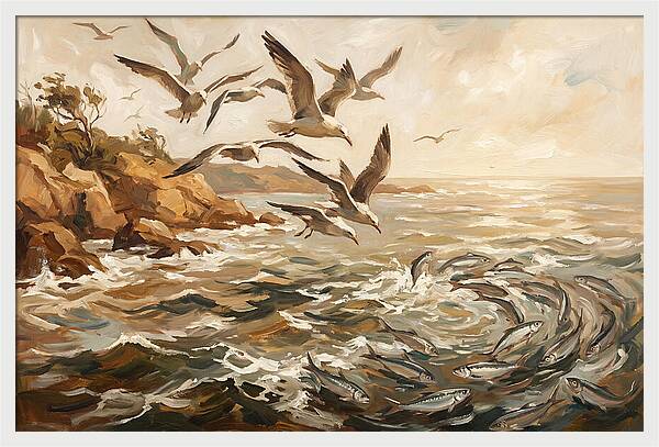 Seabirds Diving For Silver Fish