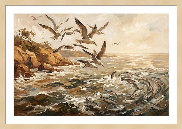 Seabirds Diving For Silver Fish