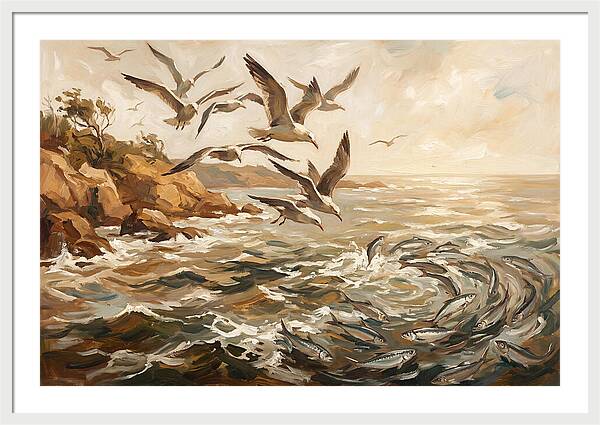 Seabirds Diving For Silver Fish