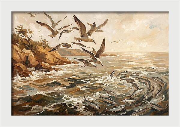 Seabirds Diving For Silver Fish