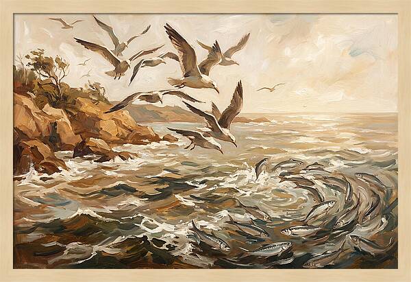 Seabirds Diving For Silver Fish