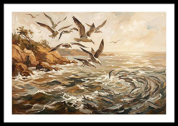 Seabirds Diving For Silver Fish