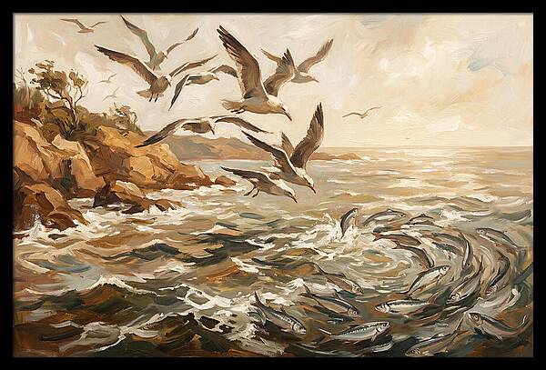 Seabirds Diving For Silver Fish