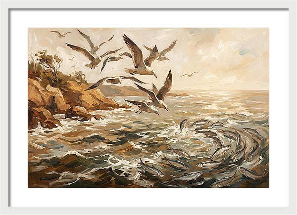 Seabirds Diving For Silver Fish
