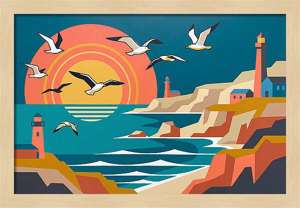 Seabirds Over Coastal Sunset