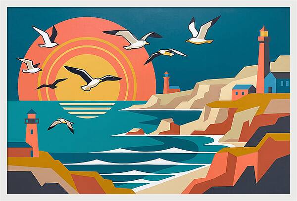Seabirds Over Coastal Sunset