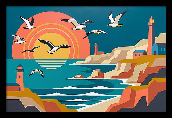 Seabirds Over Coastal Sunset