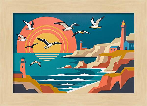 Seabirds Over Coastal Sunset