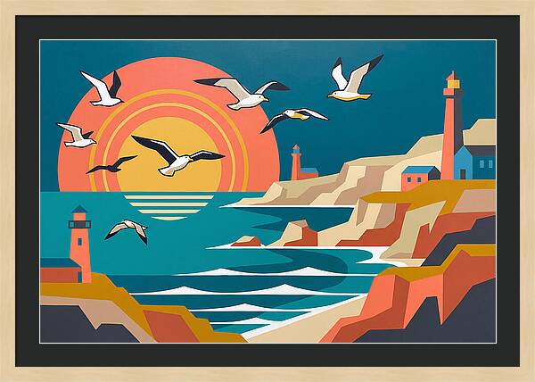 Seabirds Over Coastal Sunset