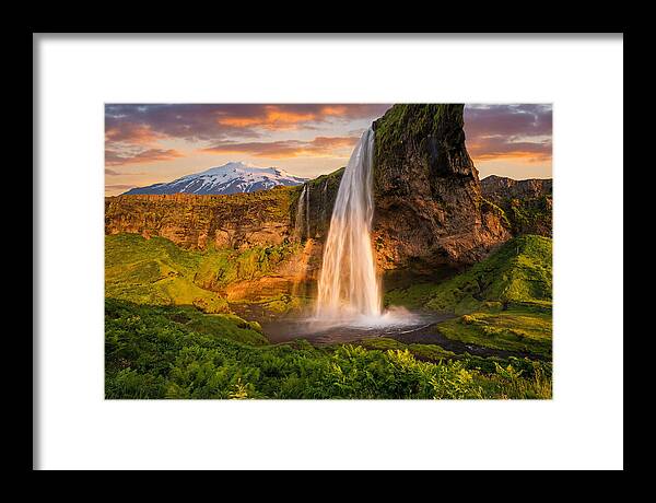 Seljalandsfoss Waterfall At Midnight Sun