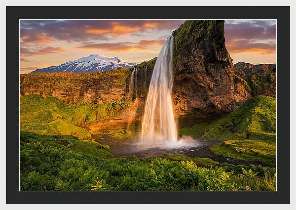 Seljalandsfoss Waterfall At Midnight Sun