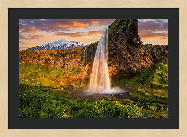 Seljalandsfoss Waterfall At Midnight Sun