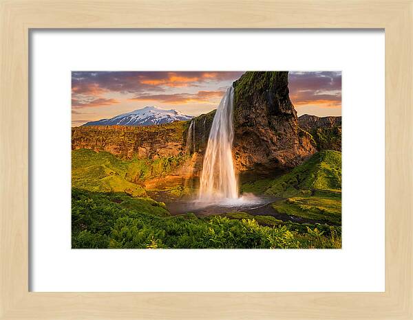 Seljalandsfoss Waterfall At Midnight Sun