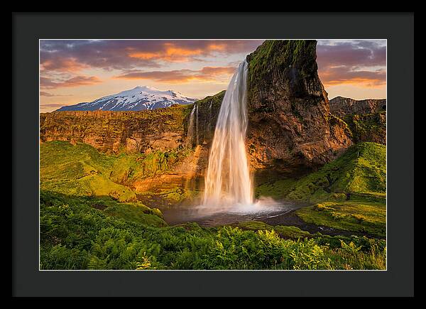 Seljalandsfoss Waterfall At Midnight Sun