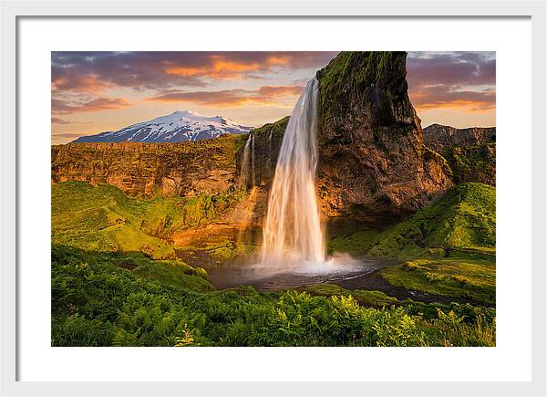 Seljalandsfoss Waterfall At Midnight Sun