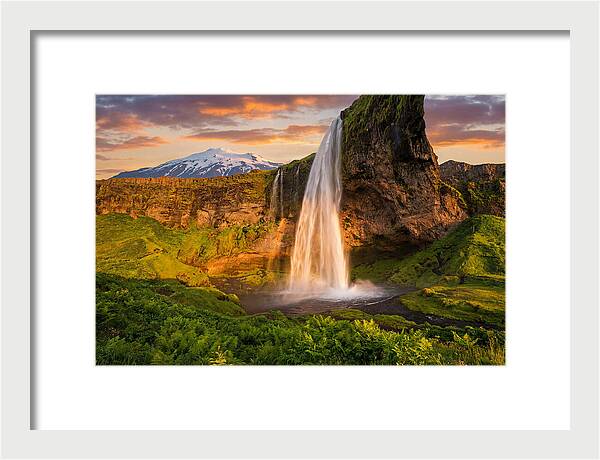 Seljalandsfoss Waterfall At Midnight Sun