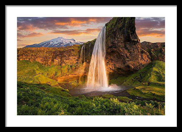 Seljalandsfoss Waterfall At Midnight Sun