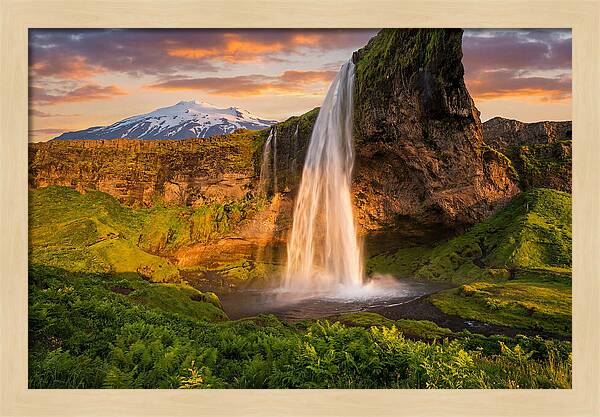 Seljalandsfoss Waterfall At Midnight Sun