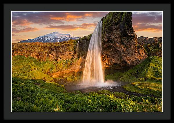 Seljalandsfoss Waterfall At Midnight Sun