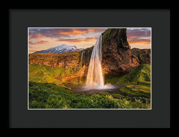 Seljalandsfoss Waterfall At Midnight Sun