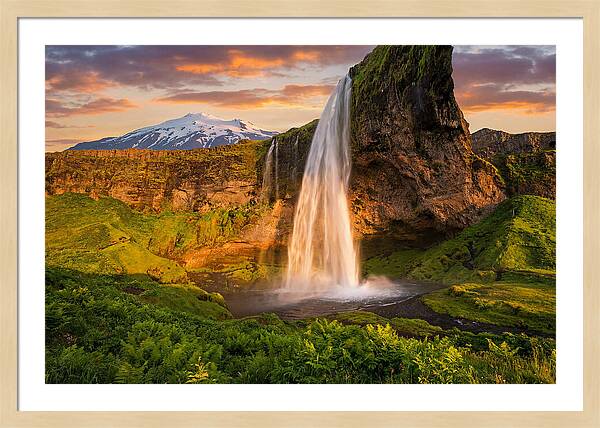 Seljalandsfoss Waterfall At Midnight Sun