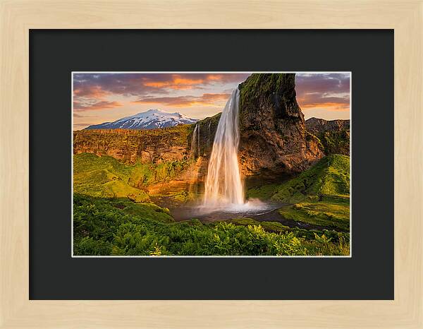 Seljalandsfoss Waterfall At Midnight Sun