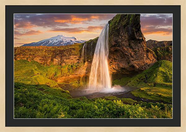 Seljalandsfoss Waterfall At Midnight Sun