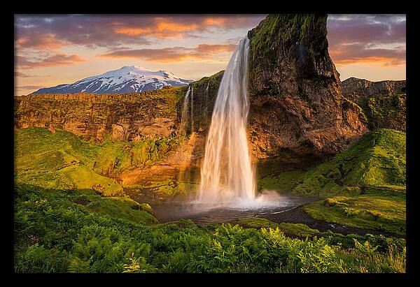 Seljalandsfoss Waterfall At Midnight Sun