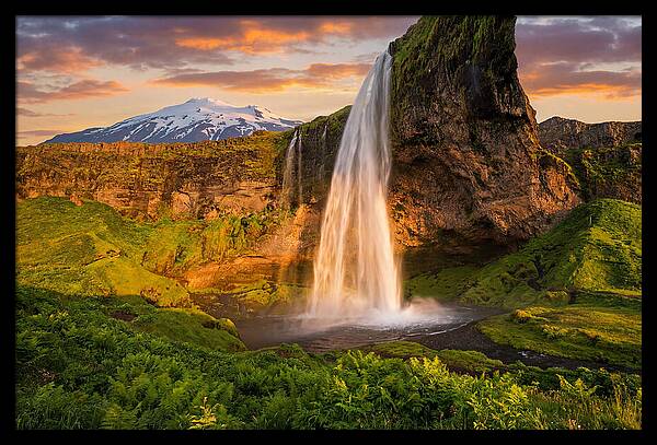 Seljalandsfoss Waterfall At Midnight Sun