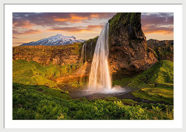 Seljalandsfoss Waterfall At Midnight Sun