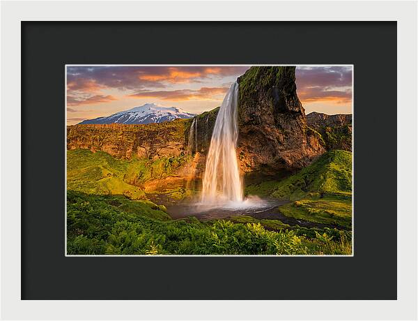 Seljalandsfoss Waterfall At Midnight Sun