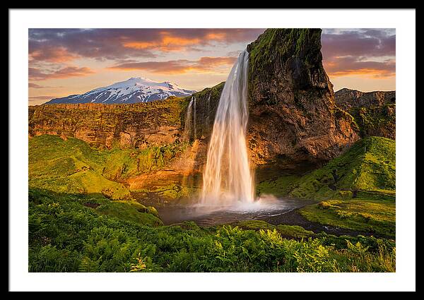 Seljalandsfoss Waterfall At Midnight Sun