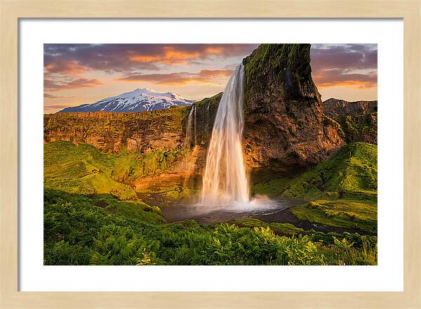 Seljalandsfoss Waterfall At Midnight Sun