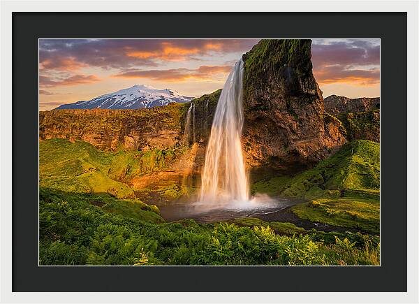 Seljalandsfoss Waterfall At Midnight Sun
