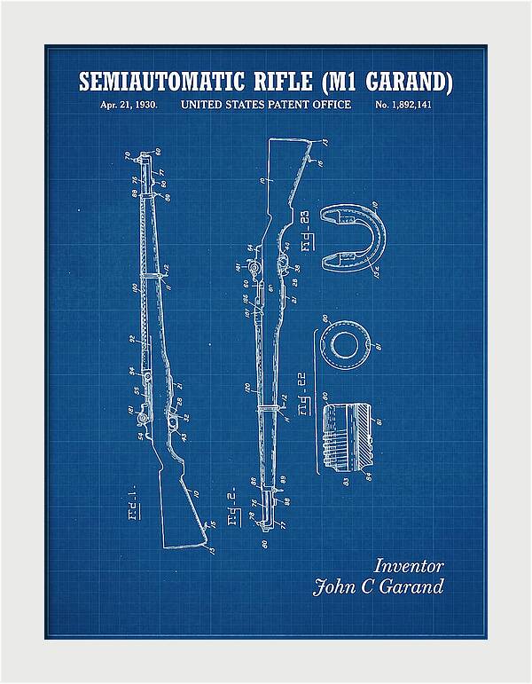 Semiautomatic Rifle M1 Garand Blueprint Patent Us1892141