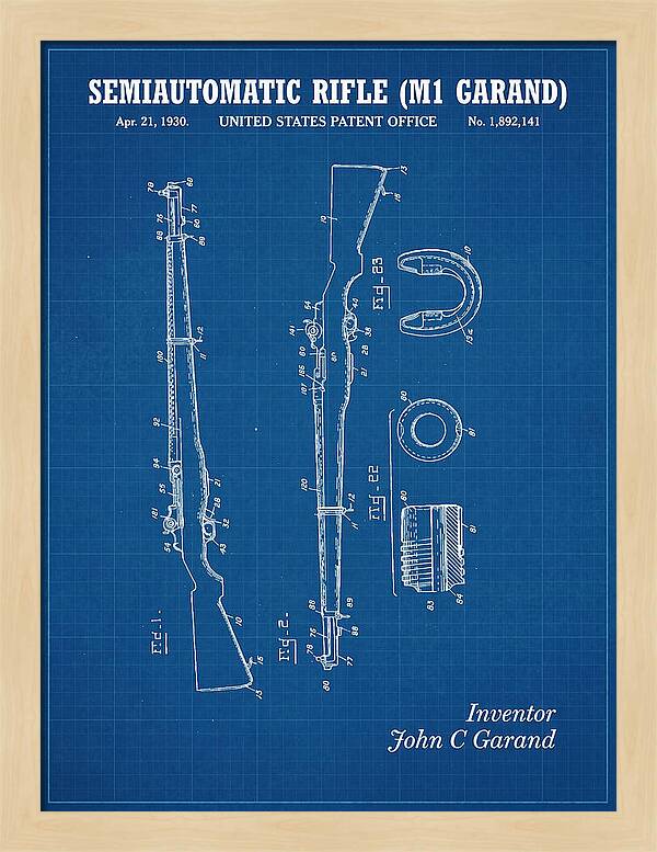 Semiautomatic Rifle M1 Garand Blueprint Patent Us1892141