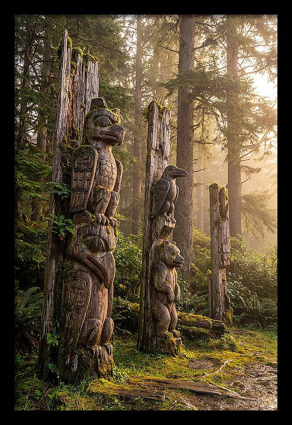 Sgang Gwaay Totem Poles At Dusk