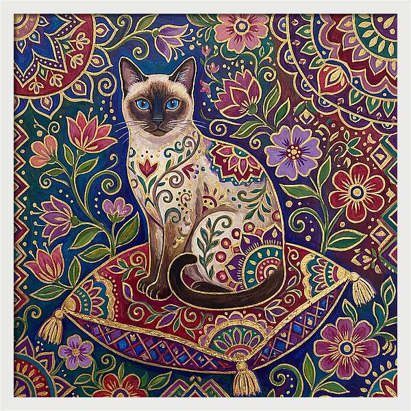 Siamese Cat In Vibrant Floral