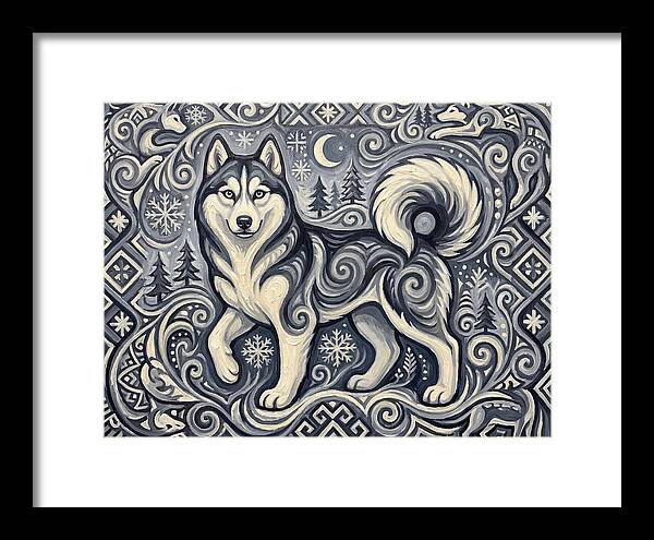 Siberian Husky In Folk Art Style