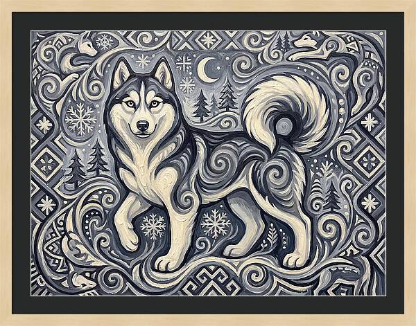 Siberian Husky In Folk Art Style