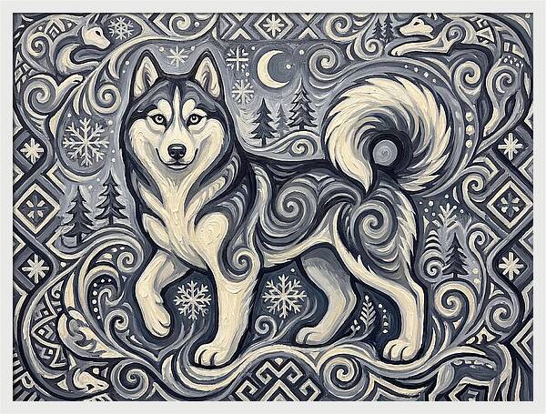 Siberian Husky In Folk Art Style