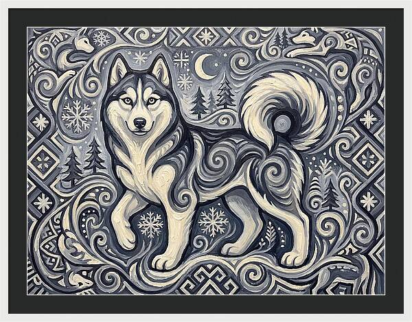 Siberian Husky In Folk Art Style