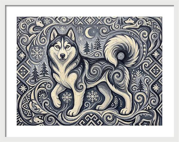 Siberian Husky In Folk Art Style