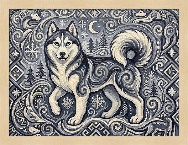 Siberian Husky In Folk Art Style
